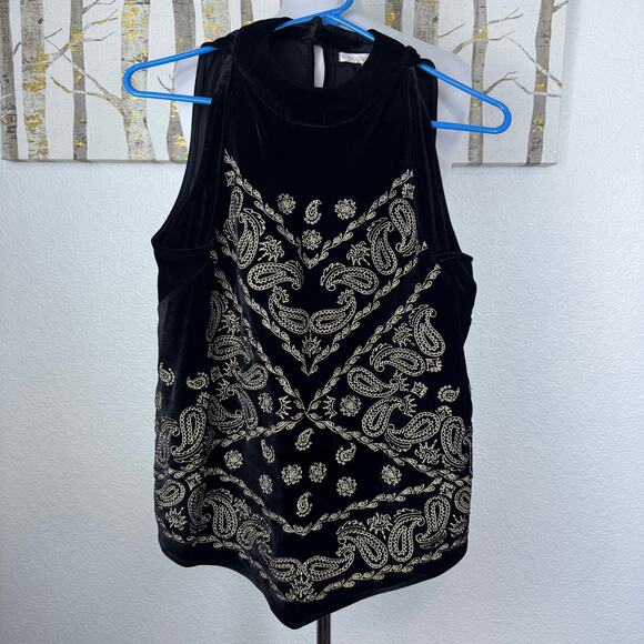 Boston Proper Sleeveless Embroidered Velvet Blouse Black Gold Medium - Picture 1 of 6